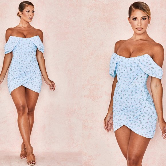 House of CB Dresses & Skirts - House of CB ‘Luna’ Blue Floral Draped Corset Mini Dress NWOT